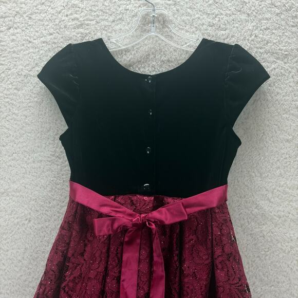 Jona Michelle Kids Black Velvet Dress Size 10 Red Glitter Mesh Lace Bow Holiday - Picture 3 of 11